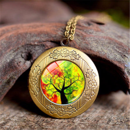 Vintage Tree Of Life Time Stone Photo Box Pendant Necklace
