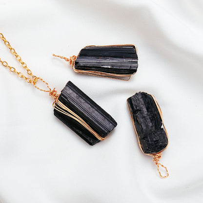 Natural Crystal Rough Black Tourmaline Gold Chain Pendant