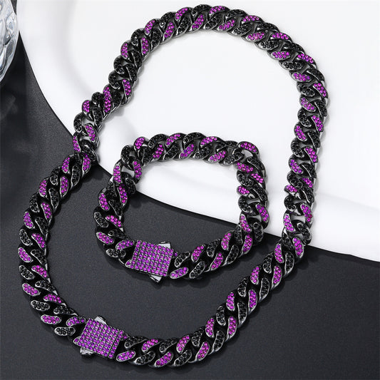 Hip Hop Men's Strip Full Diamond Line Exaggerated And Personalized Rap Cuban Link Chain Amethyst Necklace