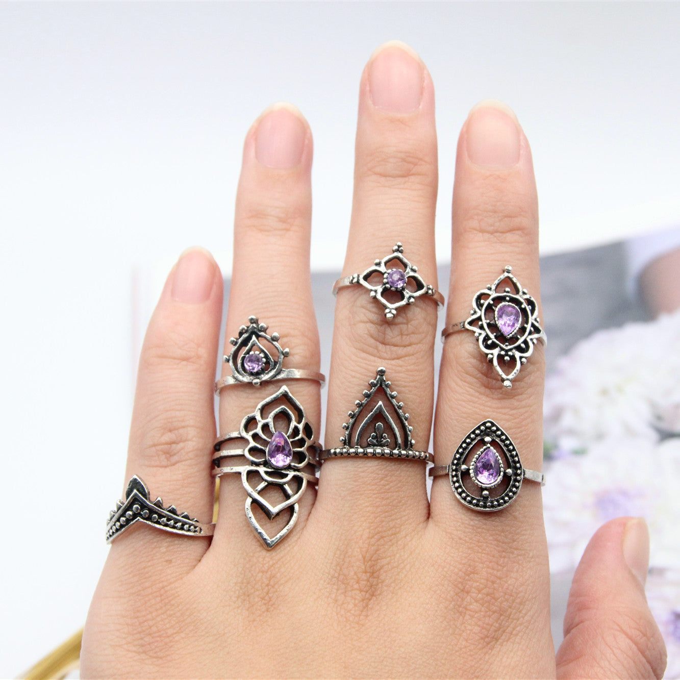Vintage Purple Crystal Triangle Alloy Ring Set
